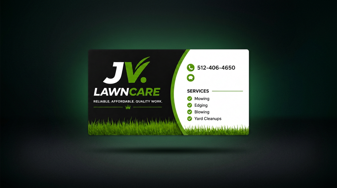JV Lawn Care business card — call 512-406-4650